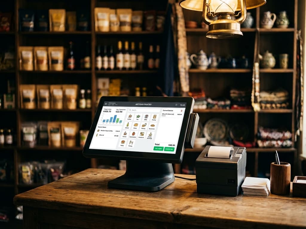 Point-of-sale business software running at a Kabul shop counter
