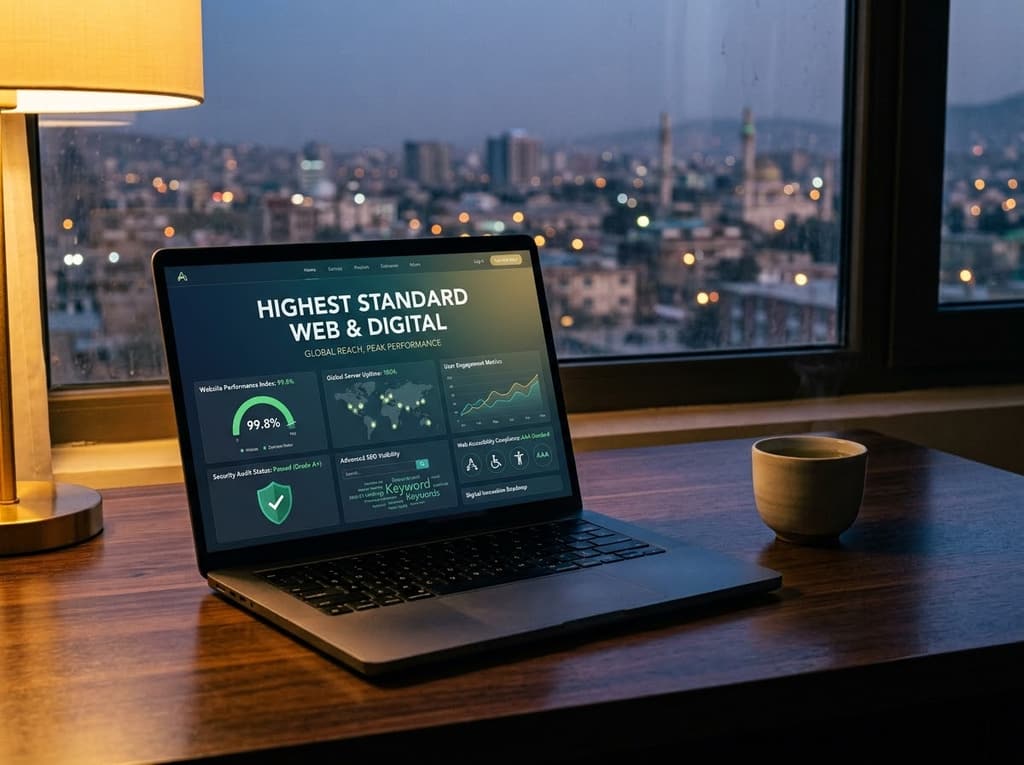 Website performance dashboard on a laptop overlooking Kabul